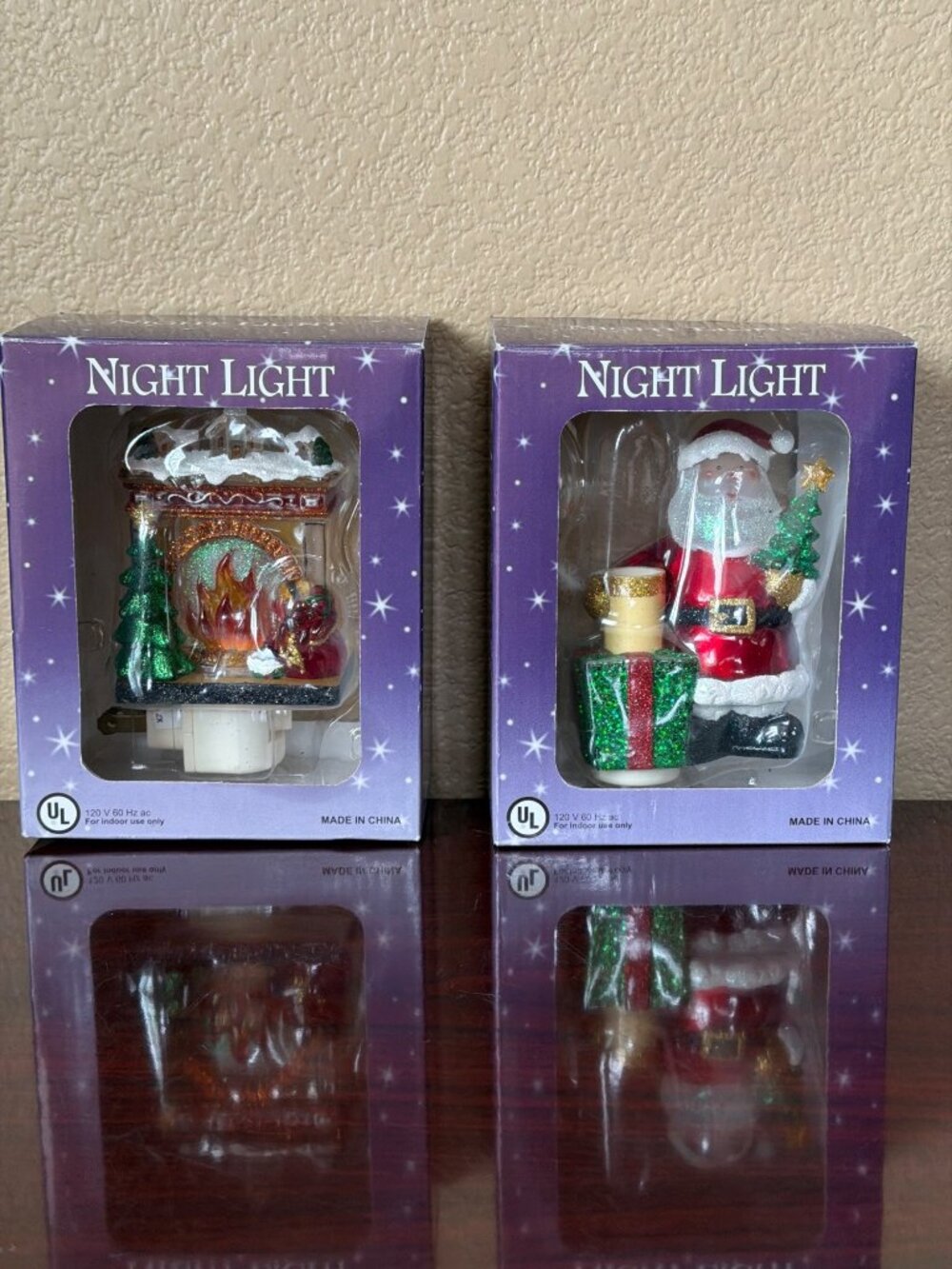 Costco Christmas Santa Night Lights Lot of 2 Fireplace Gift Pre-owned w/Box